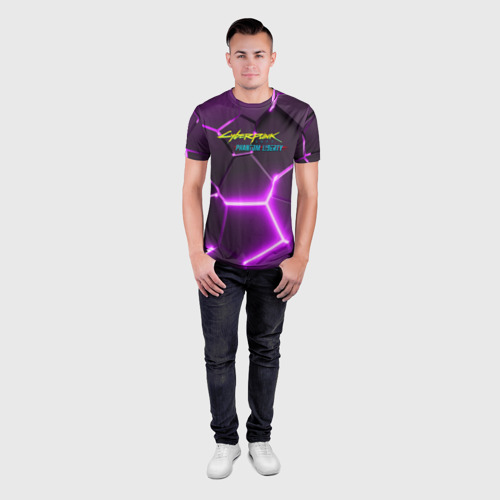 Мужская футболка 3D Slim с принтом Киберпанк призрачная свобода фиолетовый неон, вид сбоку #3