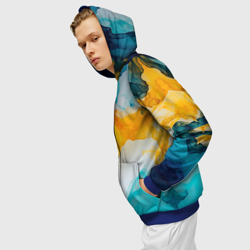 Мужская толстовка 3D на молнии с принтом Облачные жёлтые и синие краски, вид сбоку #3