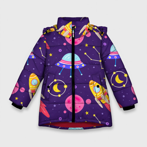 Зимняя куртка для девочек 3D с принтом Космическая тема паттерн, вид спереди #2