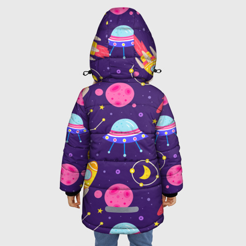 Зимняя куртка для девочек 3D с принтом Космическая тема паттерн, вид сзади #2