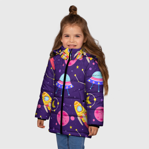 Зимняя куртка для девочек 3D с принтом Космическая тема паттерн, фото на моделе #1