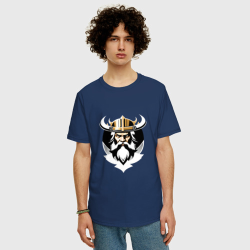 Мужская футболка хлопок Oversize Викинг в рогатом шлеме, цвет темно-синий - фото 3