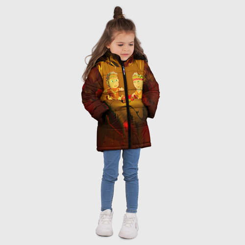 Зимняя куртка для девочек 3D Два индейца у костра в пещере, цвет красный - фото 5