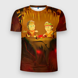 Мужская футболка 3D Slim Два индейца у костра в пещере