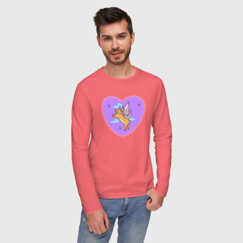 Мужской лонгслив хлопок Фиолетовое сердце и кролик с крыльями, цвет коралловый - фото 3