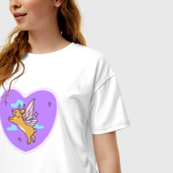 Футболка с принтом Фиолетовое сердце и кролик с крыльями для женщины, вид на модели спереди №2. Цвет основы: белый