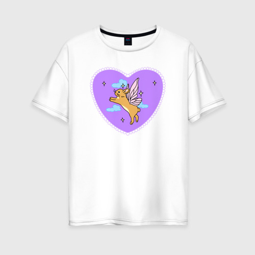 Женская футболка из хлопка оверсайз с принтом Фиолетовое сердце и кролик с крыльями, вид спереди №1