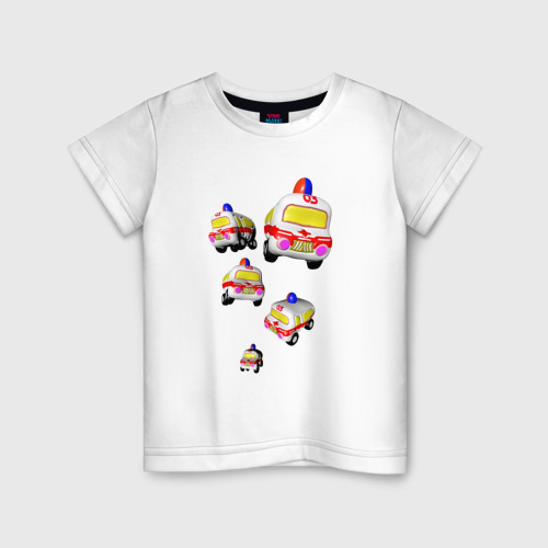 Детская футболка из хлопка с принтом Машинки скорой помощи, вид спереди №1
