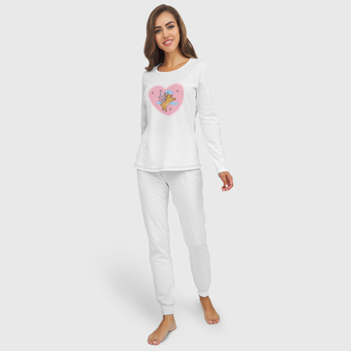 Женская пижама с лонгсливом хлопок Розовое сердце и кролик с крыльями, цвет белый - фото 3