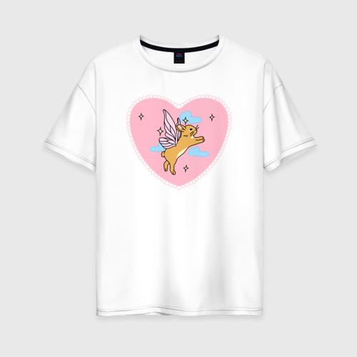 Женская футболка из хлопка оверсайз с принтом Розовое сердце и кролик с крыльями, вид спереди №1