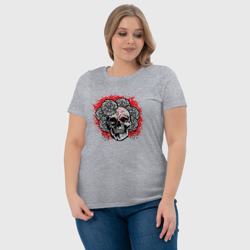 Женская футболка хлопок Череп с венком из цветов, цвет меланж - фото 6