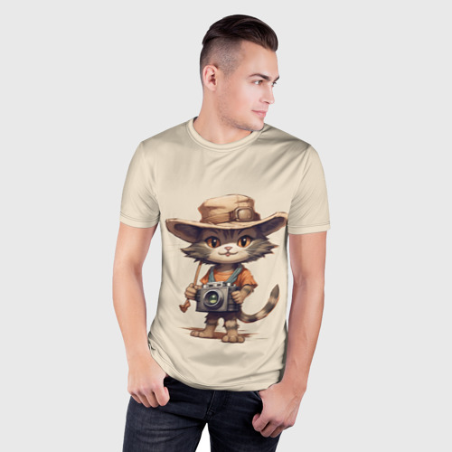Мужская футболка 3D Slim с принтом Котенок в майке с фотоаппаратом, фото на моделе #1