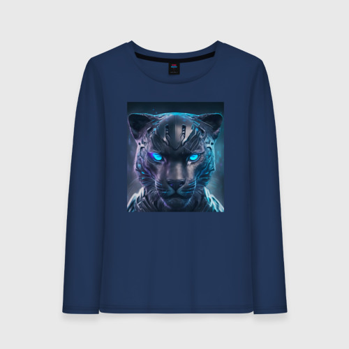 Женский лонгслив хлопок Пантера в стиле футуризм - нейросеть, цвет темно-синий