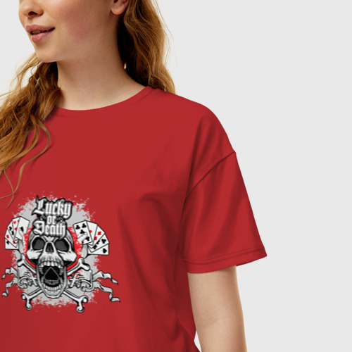 Женская футболка хлопок Oversize Удача или смерть череп с картами, цвет красный - фото 3