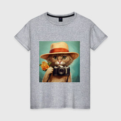 Женская футболка хлопок Кот в соломенной шляпе с фотоаппаратом