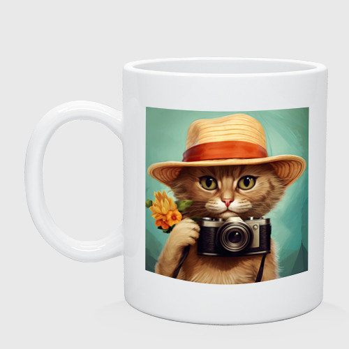 Кружка керамическая с принтом Кот в соломенной шляпе с фотоаппаратом, вид спереди №1