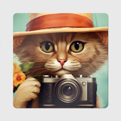 Кот в соломенной шляпе с фотоаппаратом – Магнит виниловый Квадрат с принтом купить