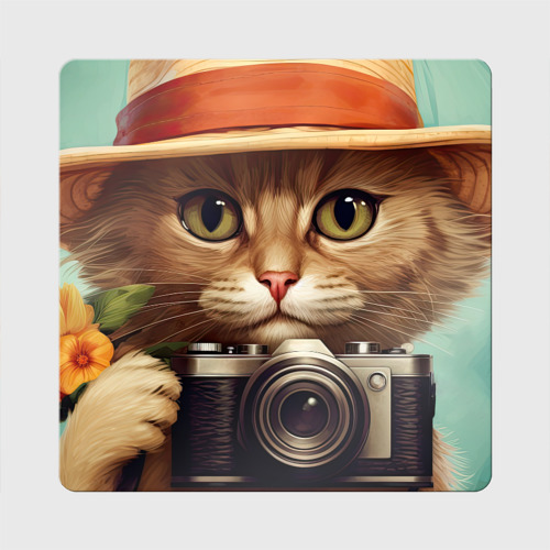 Магнит виниловый Квадрат Кот в соломенной шляпе с фотоаппаратом