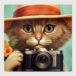 Магнитный плакат 3Х3 Кот в соломенной шляпе с фотоаппаратом