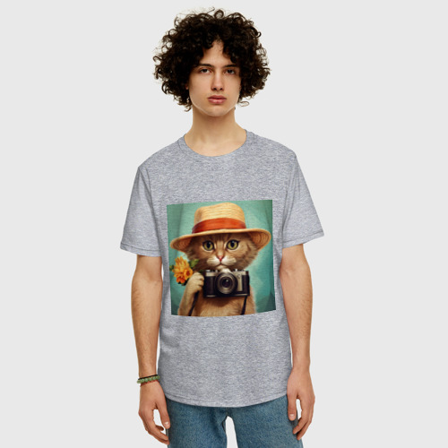 Мужская футболка хлопок Oversize Кот в соломенной шляпе с фотоаппаратом, цвет меланж - фото 3