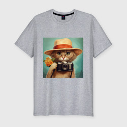 Мужская футболка хлопок Slim Кот в соломенной шляпе с фотоаппаратом