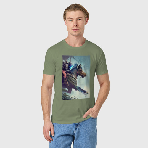 Мужская футболка хлопок с принтом Конёк-горбунок - Киберпанк - нейросеть, фото на моделе #1