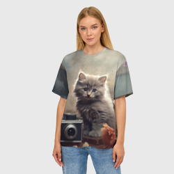 Женская футболка oversize 3D Серый котенок, винтажное фото - фото 2