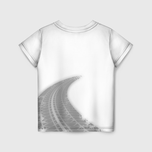 Детская футболка 3D с принтом JAC speed на светлом фоне со следами шин: надпись, символ, вид сзади #1