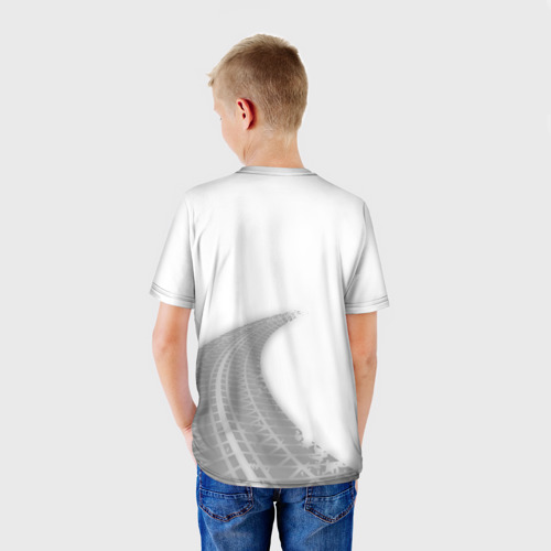 Детская футболка 3D с принтом JAC speed на светлом фоне со следами шин: надпись, символ, вид сзади #2
