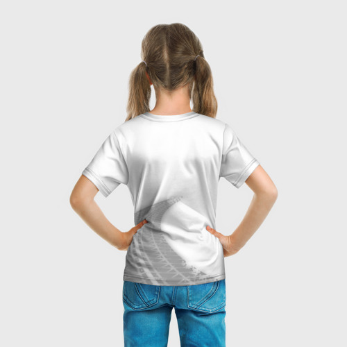 Детская футболка 3D с принтом JAC speed на светлом фоне со следами шин: надпись, символ, вид сзади #2