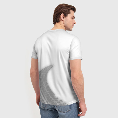 Мужская футболка 3D с принтом JAC speed на светлом фоне со следами шин: надпись, символ, вид сзади #2