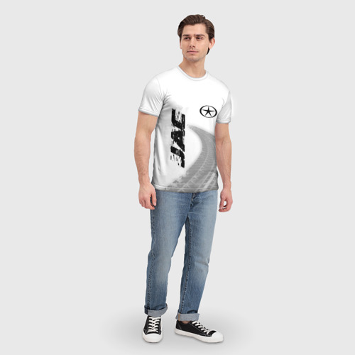 Мужская футболка 3D с принтом JAC speed на светлом фоне со следами шин: надпись, символ, вид сбоку #3