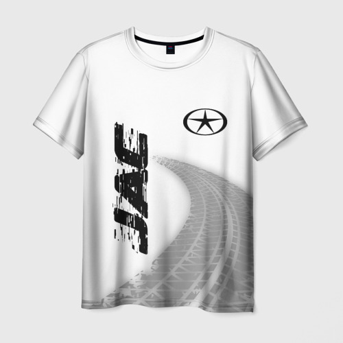 Мужская футболка 3D с принтом JAC speed на светлом фоне со следами шин: надпись, символ, вид спереди #2