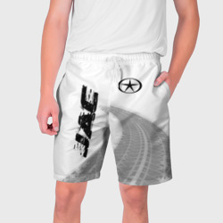 Мужские шорты 3D JAC Speed на светлом фоне со следами шин: надпись, символ