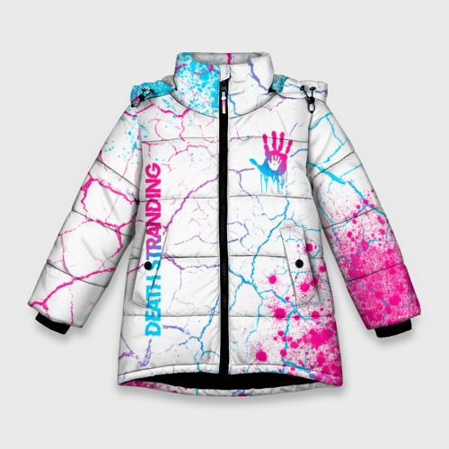 Зимняя куртка для девочек 3D с принтом Death Stranding neon gradient style: надпись, символ, вид спереди #2