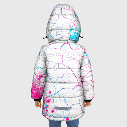 Зимняя куртка для девочек 3D с принтом Death Stranding neon gradient style: надпись, символ, вид сзади #2