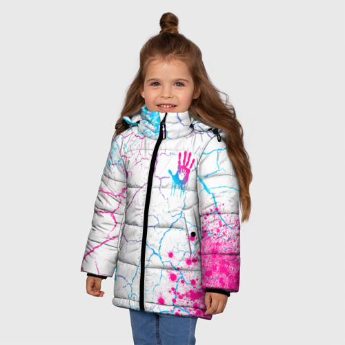 Зимняя куртка для девочек 3D с принтом Death Stranding neon gradient style: надпись, символ, фото на моделе #1