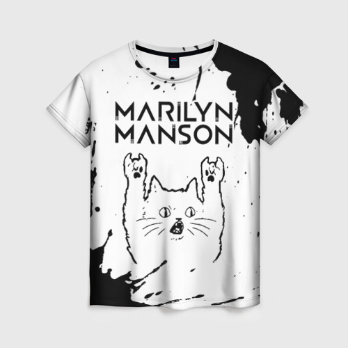 Женская футболка с принтом Marilyn Manson рок кот на светлом фоне, вид спереди №1