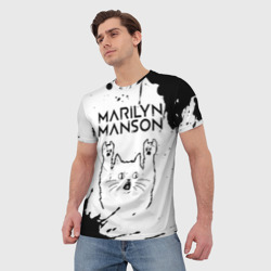 Мужская футболка 3D Marilyn Manson рок кот на светлом фоне - фото 2