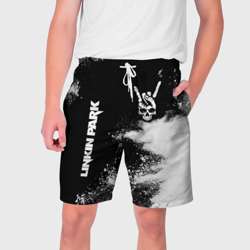 Мужские шорты 3D с принтом Linkin Park и рок символ на темном фоне, вид спереди #2