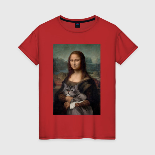 Женская футболка хлопок с принтом Мона Лиза с котиком, вид спереди #2