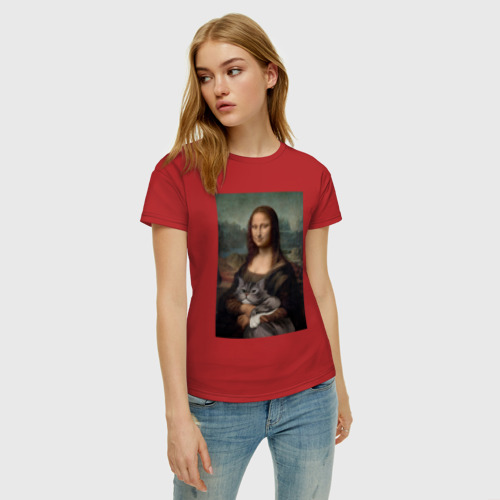 Женская футболка хлопок с принтом Мона Лиза с котиком, фото на моделе #1