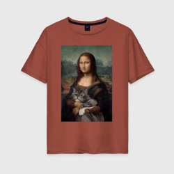 Женская футболка хлопок Oversize Мона Лиза с котиком