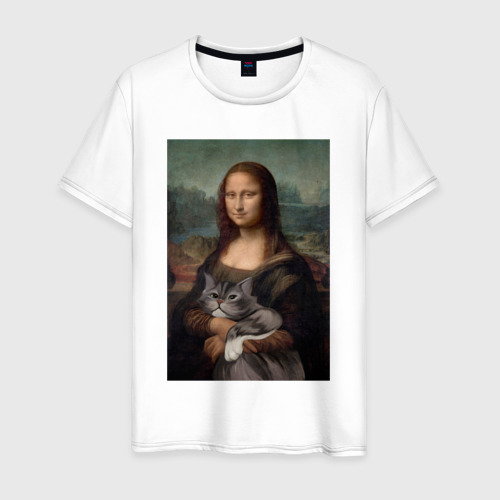 Мужская футболка из хлопка с принтом Мона Лиза с котиком, вид спереди №1