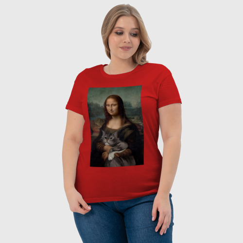 Женская футболка хлопок с принтом Мона Лиза с котиком, фото #4