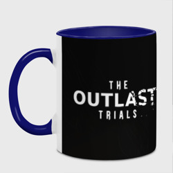 Кружка с принтом The Outlast Trials Лиланд для любого человека, вид сзади №1. Цвет основы: белый + синий