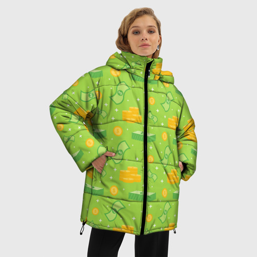 Женская зимняя куртка 3D с принтом Dollar money, фото на моделе #1