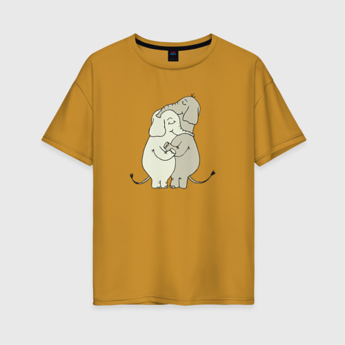 Женская футболка хлопок Oversize Обнимашки слонов, цвет горчичный