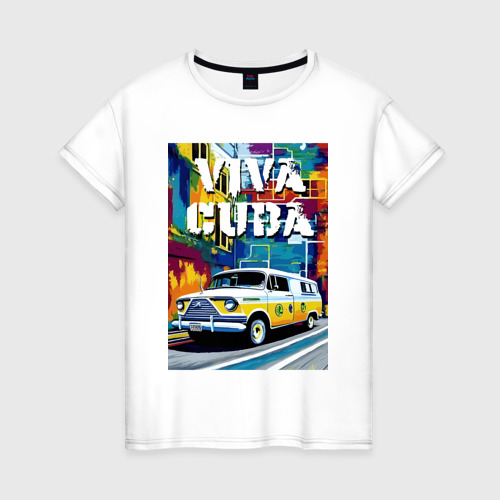 Женская футболка из хлопка с принтом Viva Cuba - car - retro, вид спереди №1