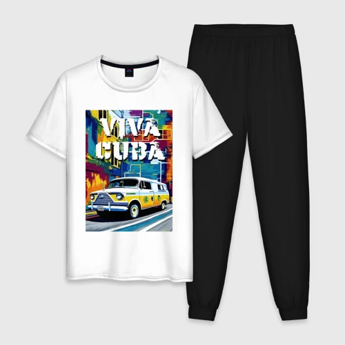 Мужская пижама с белой футболкой хлопок Viva Cuba - car - retro